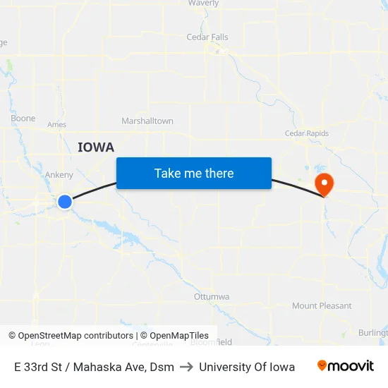 E 33rd St / Mahaska Ave, Dsm to University Of Iowa map