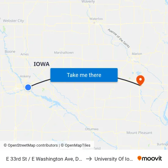 E 33rd St / E Washington Ave, Dsm to University Of Iowa map