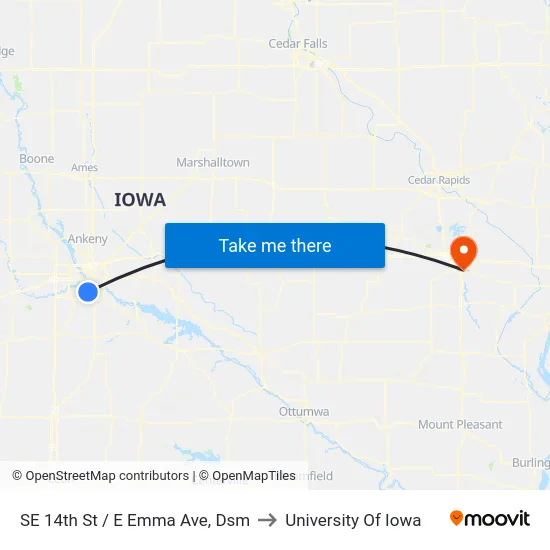 SE 14th St / E Emma Ave, Dsm to University Of Iowa map