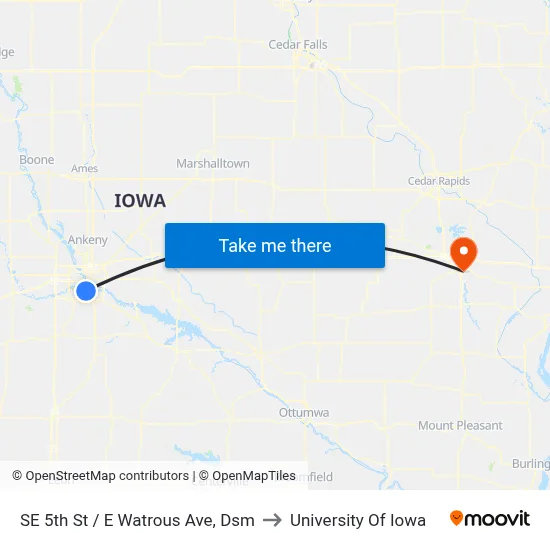 SE 5th St / E Watrous Ave, Dsm to University Of Iowa map