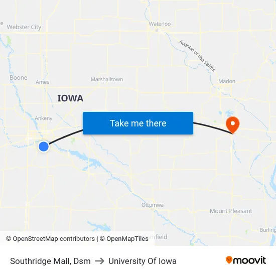 Southridge Mall, Dsm to University Of Iowa map