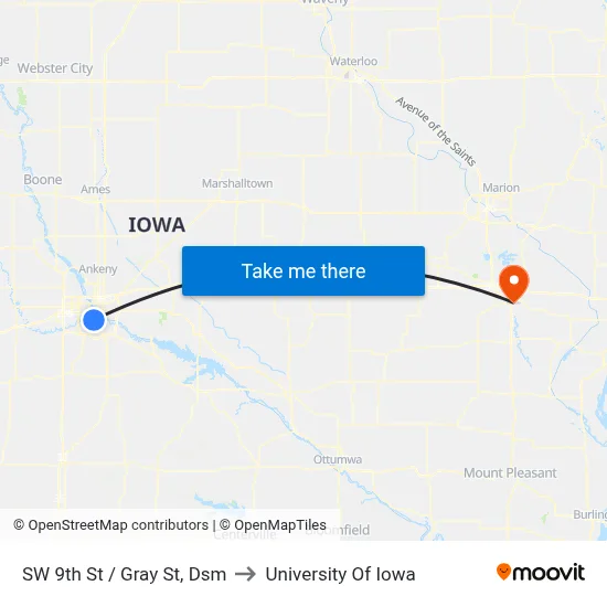 SW 9th St / Gray St, Dsm to University Of Iowa map