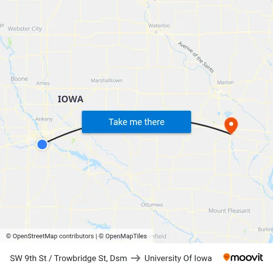 SW 9th St / Trowbridge St, Dsm to University Of Iowa map