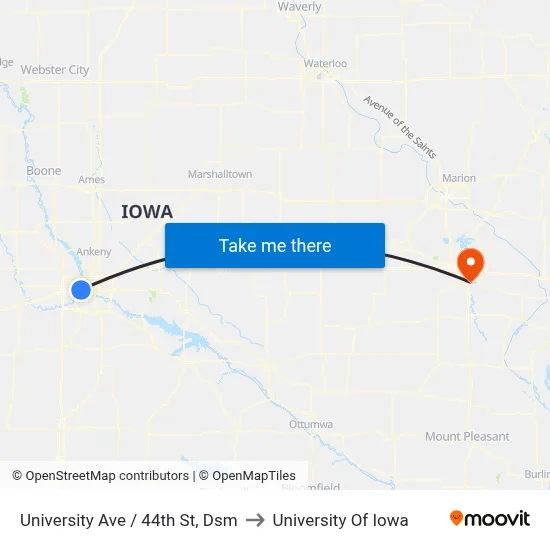 University Ave / 44th St, Dsm to University Of Iowa map