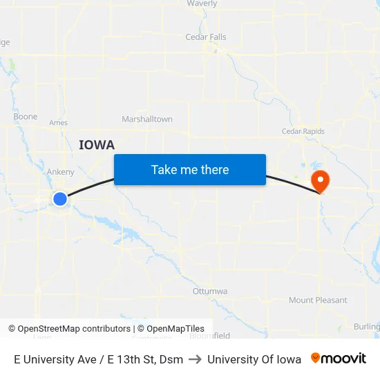 E University Ave / E 13th St, Dsm to University Of Iowa map