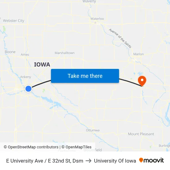 E University Ave / E 32nd St, Dsm to University Of Iowa map