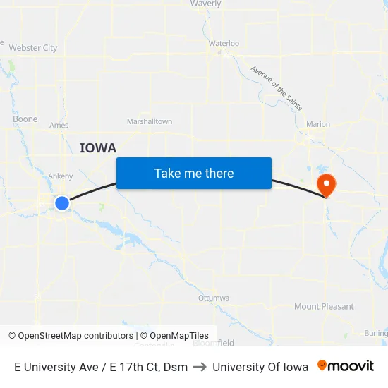 E University Ave / E 17th Ct, Dsm to University Of Iowa map