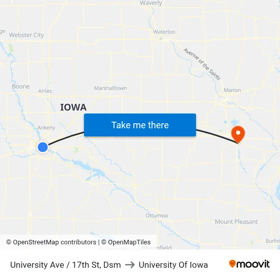 University Ave / 17th St, Dsm to University Of Iowa map