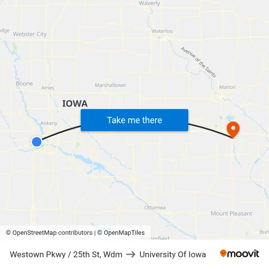 Westown Pkwy / 25th St, Wdm to University Of Iowa map