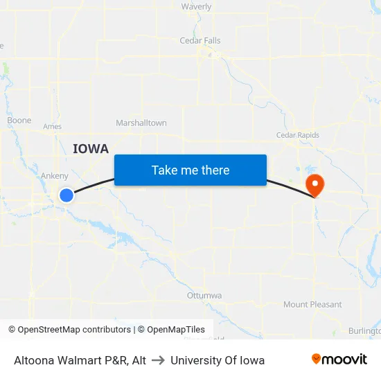 Altoona Walmart P&R, Alt to University Of Iowa map
