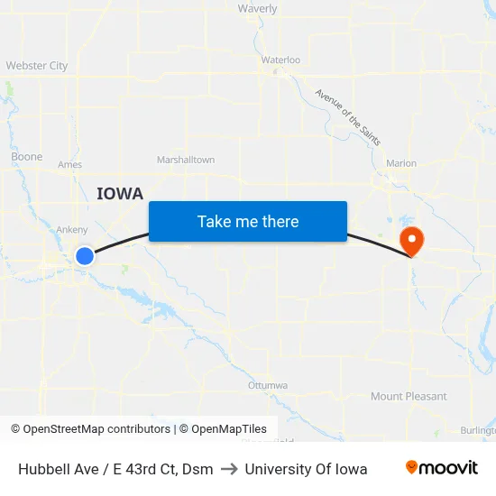 Hubbell Ave / E 43rd Ct, Dsm to University Of Iowa map
