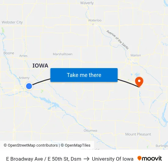 E Broadway Ave / E 50th St, Dsm to University Of Iowa map