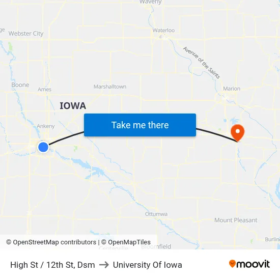 High St / 12th St, Dsm to University Of Iowa map