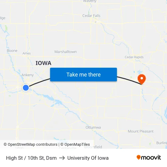 High St / 10th St, Dsm to University Of Iowa map