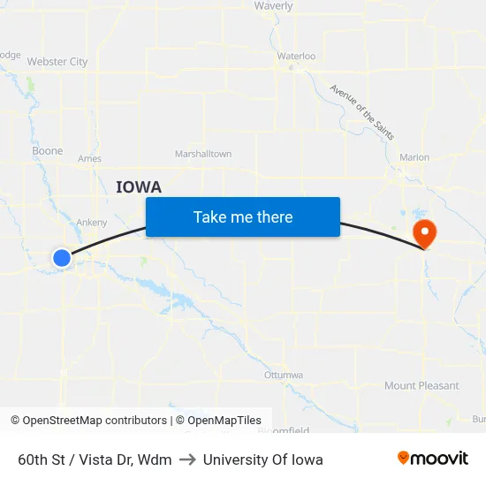 60th St / Vista Dr, Wdm to University Of Iowa map