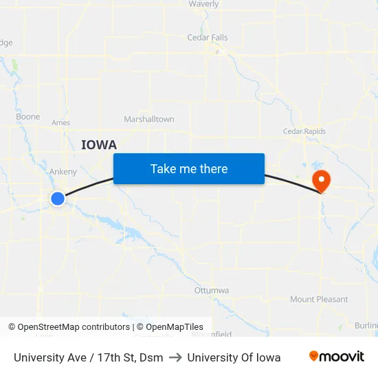 University Ave / 17th St, Dsm to University Of Iowa map