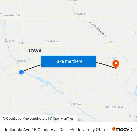 Indianola Ave / E Olinda Ave, Dsm to University Of Iowa map