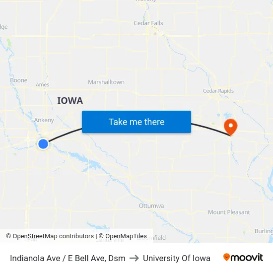 Indianola Ave / E Bell Ave, Dsm to University Of Iowa map