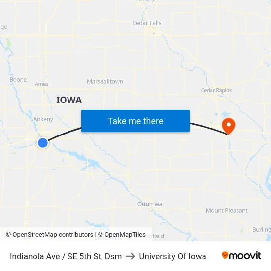 Indianola Ave / SE 5th St, Dsm to University Of Iowa map