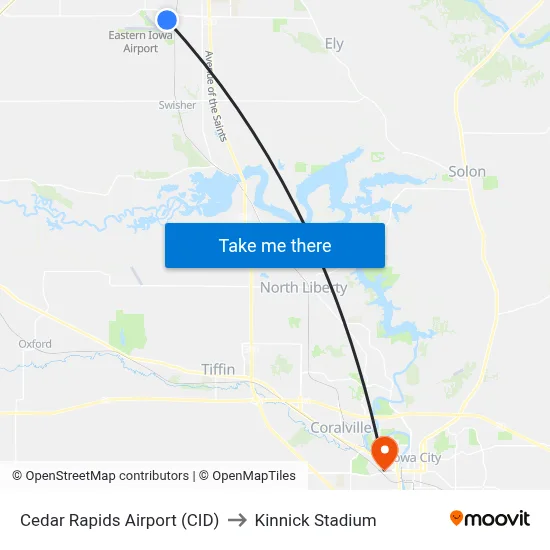 Cedar Rapids Airport (CID) to Kinnick Stadium map