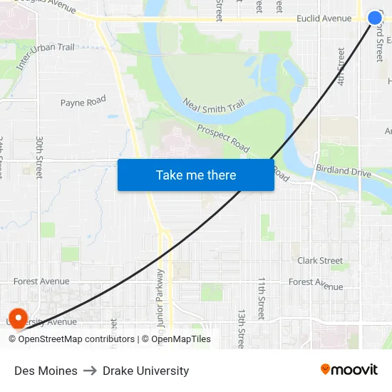 Des Moines to Drake University map