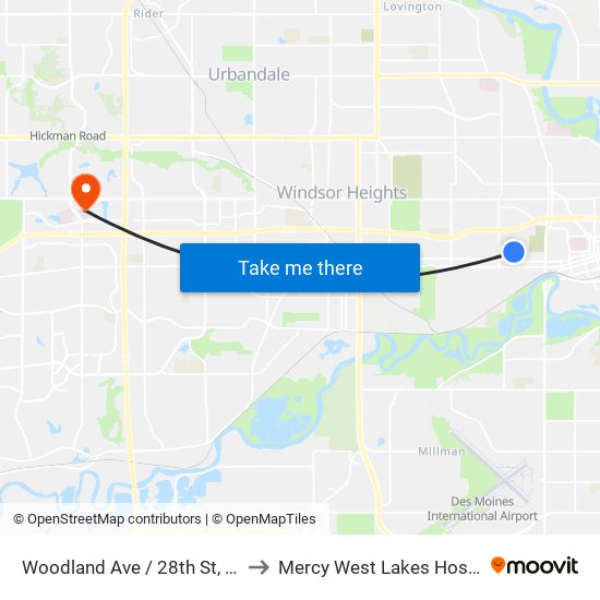Woodland Ave / 28th St, Dsm to Mercy West Lakes Hospital map