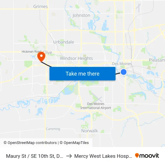 Maury St / SE 10th St, Dsm to Mercy West Lakes Hospital map
