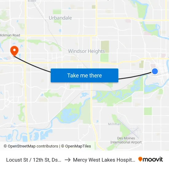 Locust St / 12th St, Dsm to Mercy West Lakes Hospital map