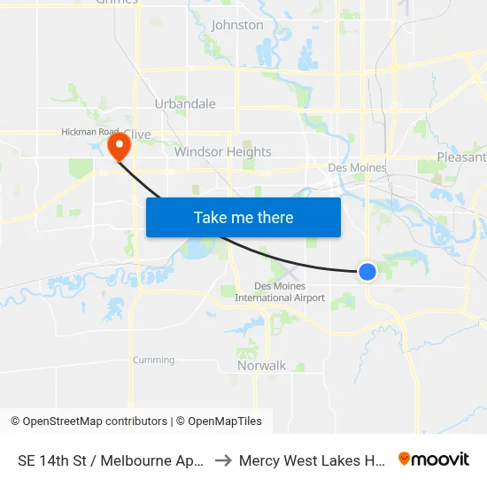 SE 14th St / Melbourne Apts, Dsm to Mercy West Lakes Hospital map