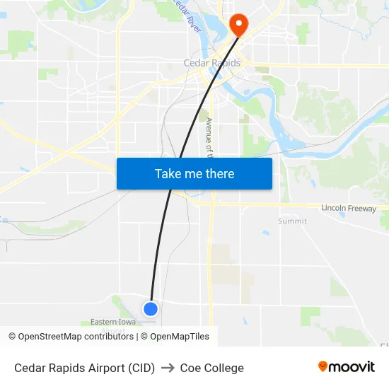 Cedar Rapids Airport (CID) to Coe College map