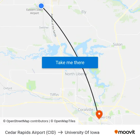 Cedar Rapids Airport (CID) to University Of Iowa map