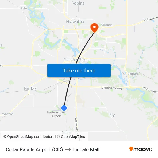 Cedar Rapids Airport (CID) to Lindale Mall map