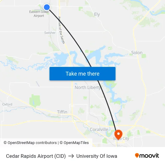 Cedar Rapids Airport (CID) to University Of Iowa map