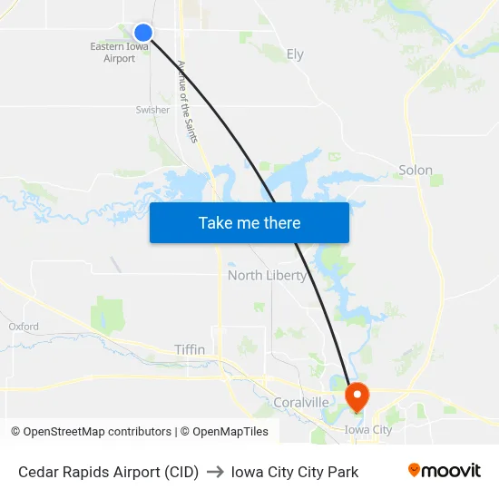 Cedar Rapids Airport (CID) to Iowa City City Park map