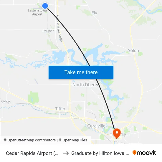 Cedar Rapids Airport (CID) to Graduate by Hilton Iowa City map