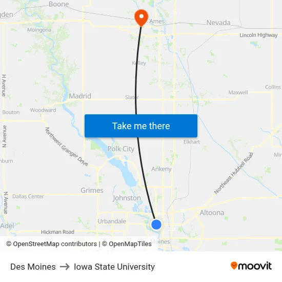 Des Moines to Iowa State University map
