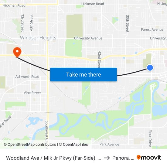 Woodland Ave / Mlk Jr Pkwy (Far-Side), Dsm to Panora, IA map