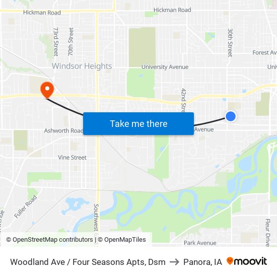 Woodland Ave / Four Seasons Apts, Dsm to Panora, IA map