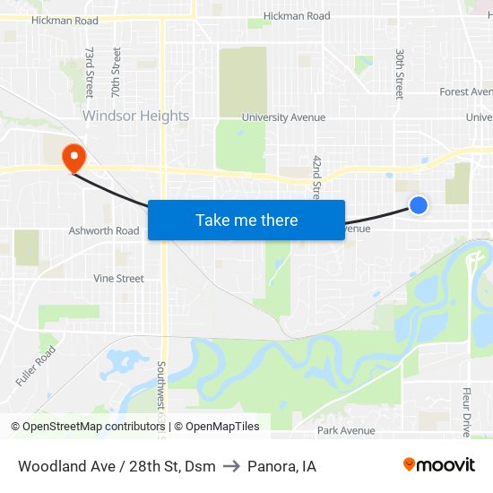 Woodland Ave / 28th St, Dsm to Panora, IA map