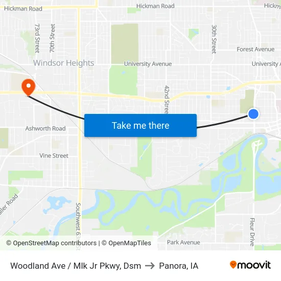 Woodland Ave / Mlk Jr Pkwy, Dsm to Panora, IA map