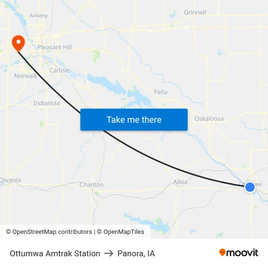 Ottumwa Amtrak Station to Panora, IA map