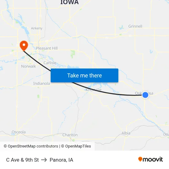 C Ave & 9th St to Panora, IA map