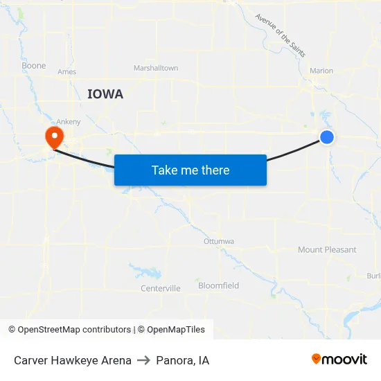Carver Hawkeye Arena to Panora, IA map