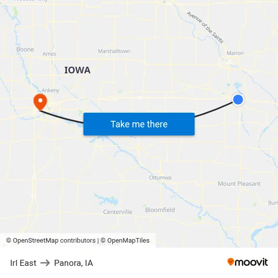 Irl East to Panora, IA map