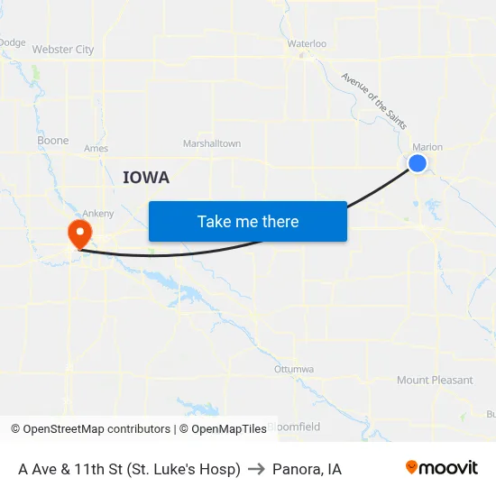 A Ave & 11th St (St. Luke's Hosp) to Panora, IA map