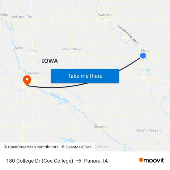 180 College Dr (Coe College) to Panora, IA map