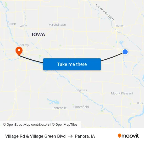 Village Rd & Village Green Blvd to Panora, IA map