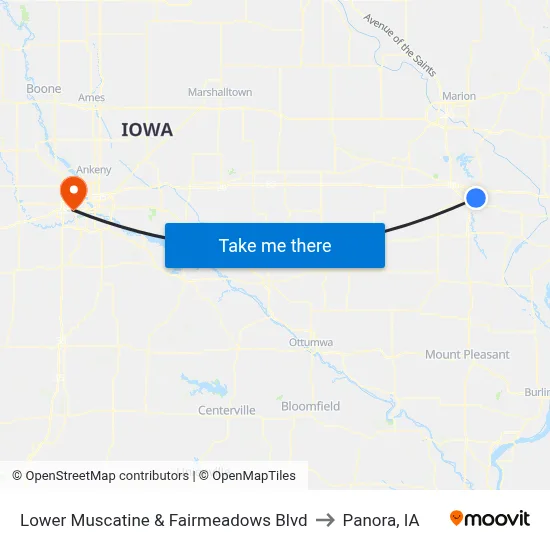 Lower Muscatine & Fairmeadows Blvd to Panora, IA map