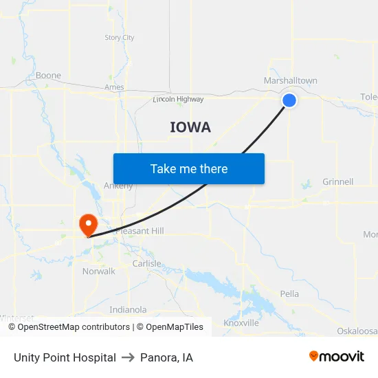 Unity Point Hospital to Panora, IA map