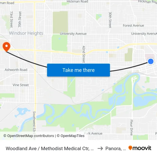Woodland Ave / Methodist Medical Ctr, Dsm to Panora, IA map